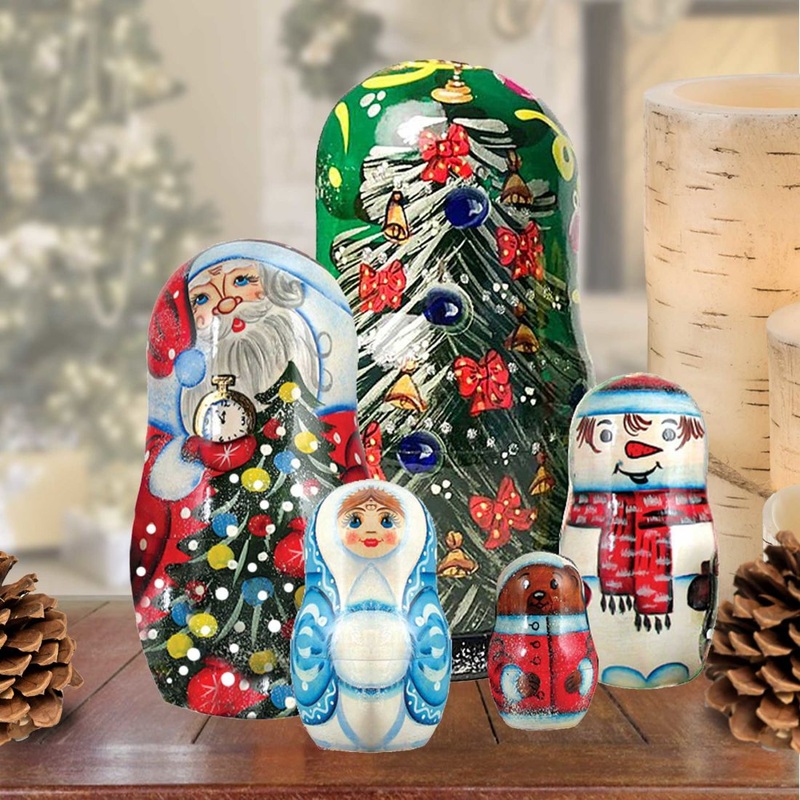 Mr. & Mrs. Christmas Matreshka Nesting Hand-Painted Doll Set of 5 by G. DeBrekht – Christmas Decor – 1101512-2