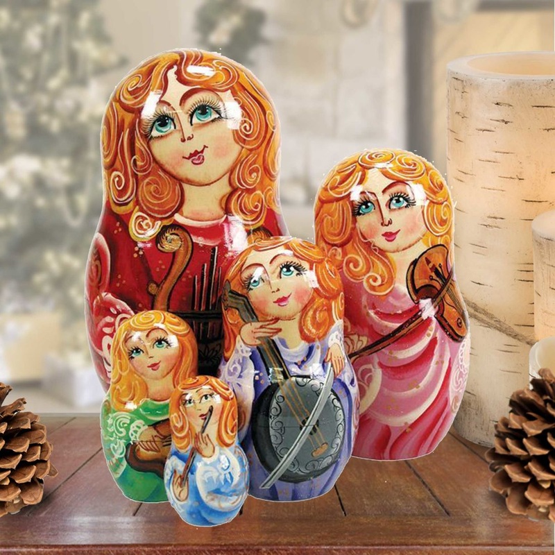 Music Angel Matreshka Stacking Hand-Painted Dolls Set of 5 by G. DeBrekht – Christmas Decor – 130110