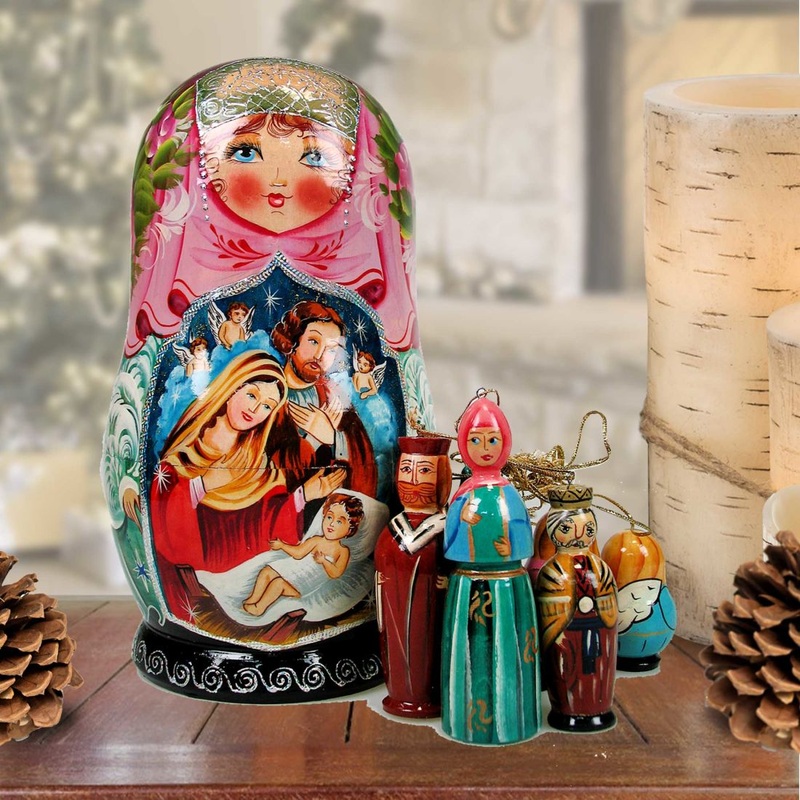 Nativity Angel Hand-Painted Doll with Set of Wooden Ornaments by G. DeBrekht – Nativity Holiday Decor – 1307013