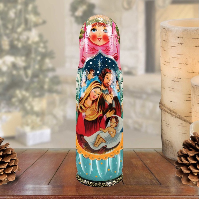 Nativity Hand-Painted Wooden Bottle Holder, Wine Box, Tall Gift Box by G. DeBrekht – Nativity Holiday Decor – 190132