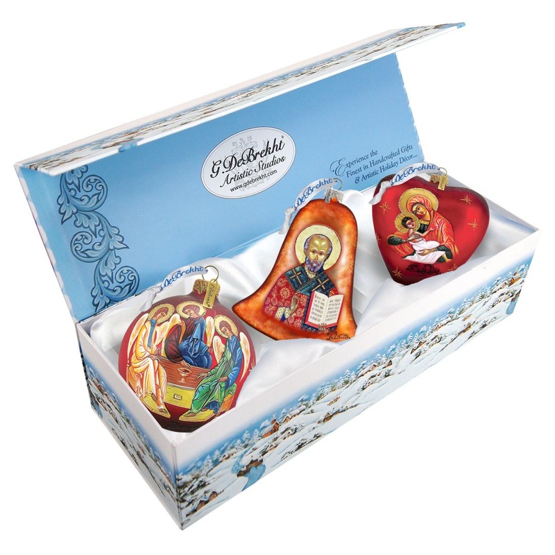Nativity icon Glass Ornament Set of 3 by G. DeBrekht – Nativity Holiday Decor – 73751-B3