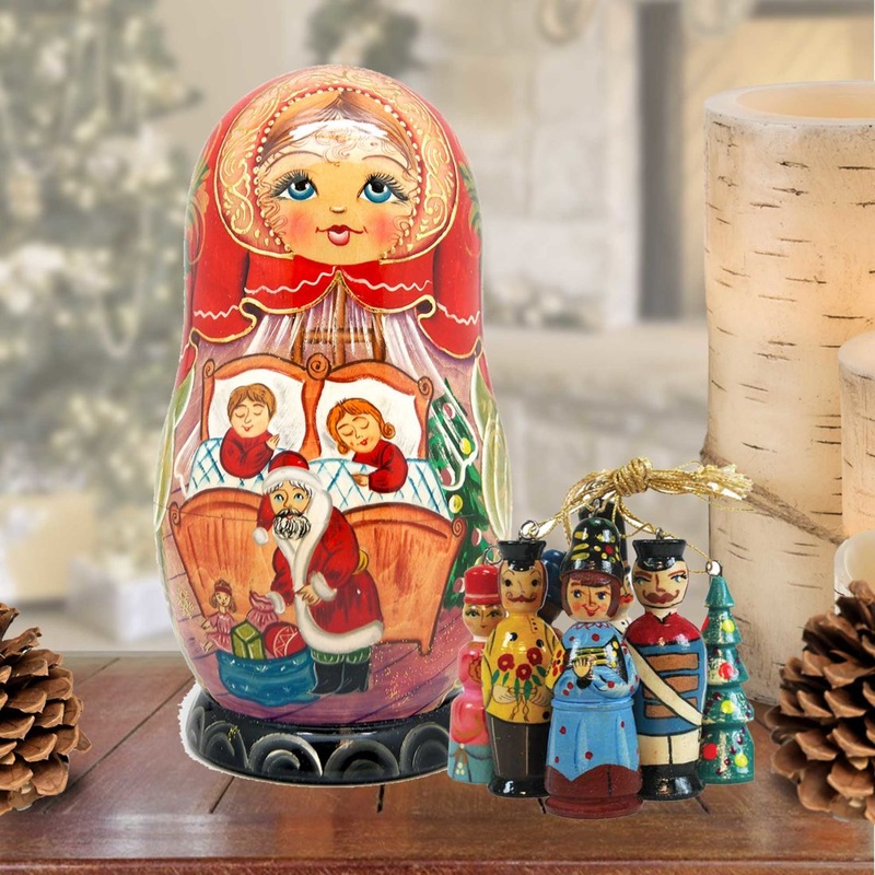 Night before Christmas Hand-Painted Doll with Set of Wooden Ornaments by G. DeBrekht – Christmas Decor – 110731