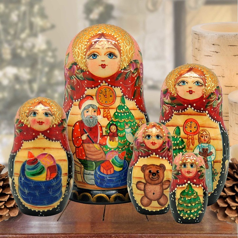 Night Before Christmas Matreshka Nesting Hand-Painted Doll Set of 5 by G. DeBrekht – Christmas Santa Snowman Decor – 110113