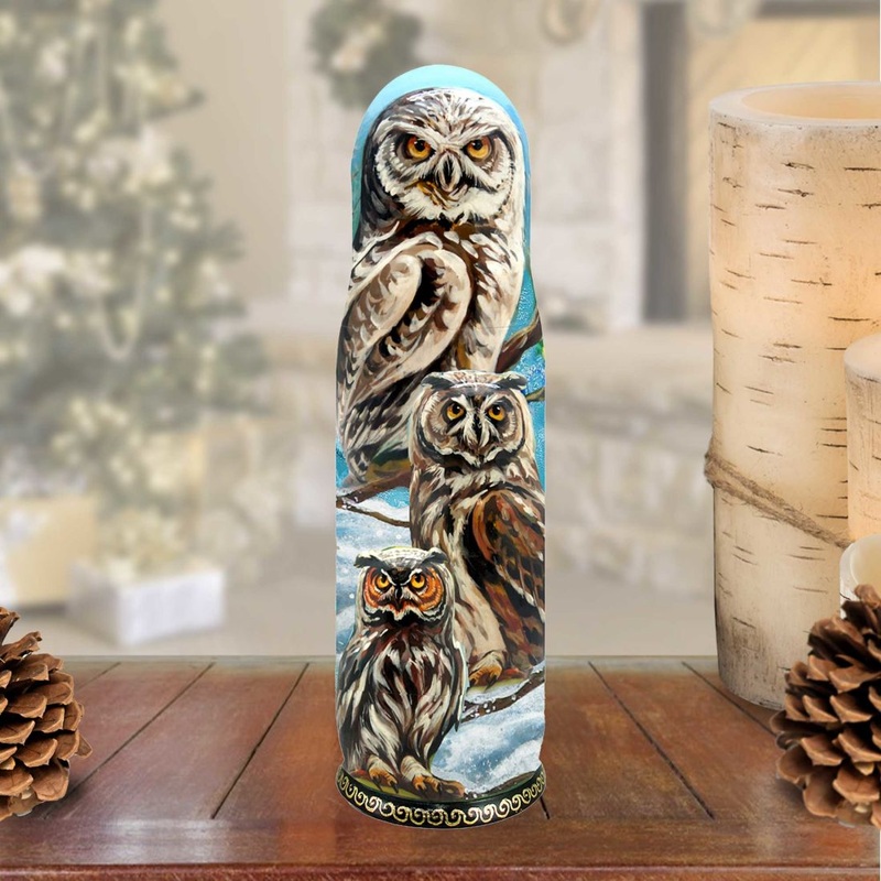 Owl Hand-Painted Wooden Bottle Holder, Wine Box, Tall Gift Box by G. DeBrekht – Wildlife Holiday Decor – 190052