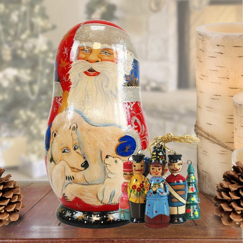Polar Bear Santa Hand-Painted Doll with Set of Wooden Ornaments by G. DeBrekht – Wildlife Holiday Decor – 110718