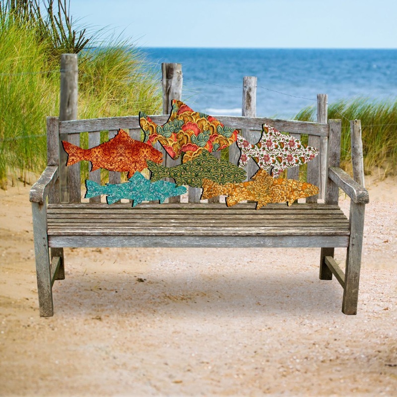 Quilted Coastal Fish Rustic Bench and Wall Wooden Decor – G. DeBrekht – Coastal Sea-Life Decor – G99342