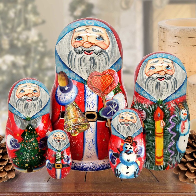 Santa and Frosty Matreshka Nesting Hand-Painted Doll Set of 5 by G. DeBrekht – Christmas Santa Snowman Decor – 110083