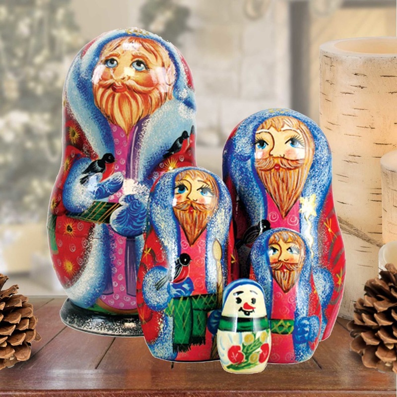 Santa Bird Lower Matreshka Nesting Hand-Painted Doll Set of 5 by G. DeBrekht – Christmas Santa Snowman Decor – 110071