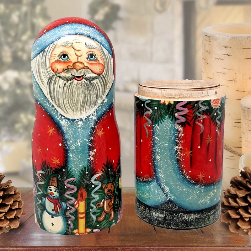 Santa Candle Holder Hand-Painted Wooden Bottle Holder, Wine Box, Tall Gift Box by G. DeBrekht – Christmas: Santa Snowman Decor – 1901712
