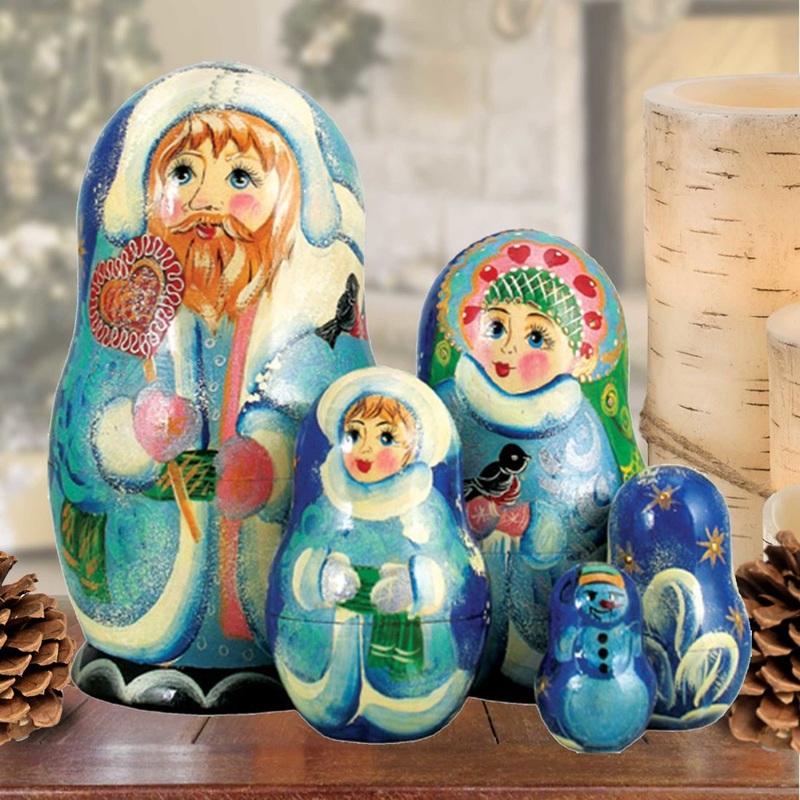 Santa Candy Cane Matreshka Nesting Hand-Painted Doll Set of 5 by G. DeBrekht – Christmas Santa Snowman Decor – 110073