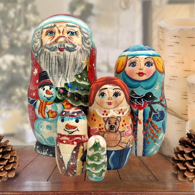 Santa Family Matreshka Nesting Hand-Painted Doll Set of 5 by G. DeBrekht – Christmas Santa Snowman Decor – 110088