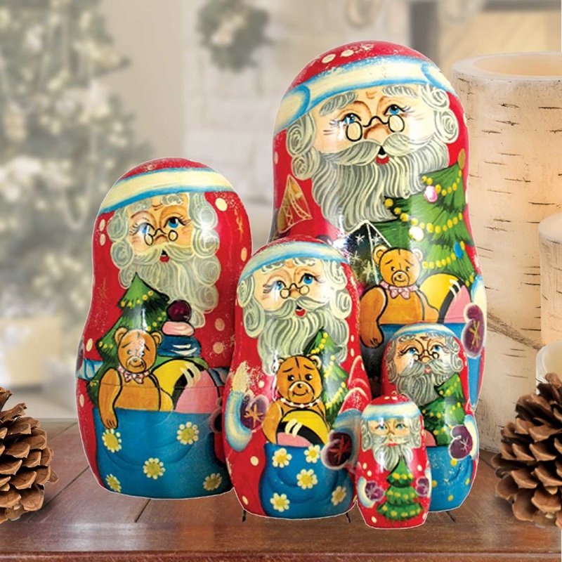 Santa Gift Bag Matreshka Nesting Hand-Painted Doll Set of 5 by G. DeBrekht – Christmas Santa Snowman Decor – 110081