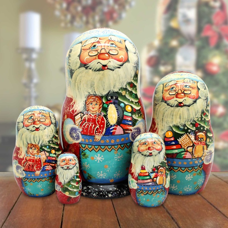 Santa Gift Bag Matreshka Nesting Hand-Painted Doll Set of 5 by G. DeBrekht – Christmas Santa Snowman Decor – 110081-2