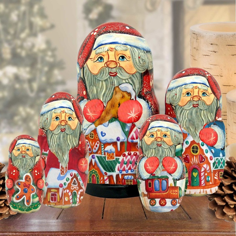 Santa’ Gingerbread Matreshka Nesting Hand-Painted Doll Set of 5 by G. DeBrekht – Christmas Santa Snowman Decor – 110089