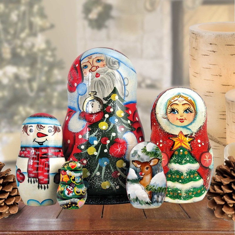 Santa Mrs. Claus Snowman Matreshka Nesting Hand-Painted Doll Set of 5 by G. DeBrekht – Christmas Santa Snowman Decor – 110062