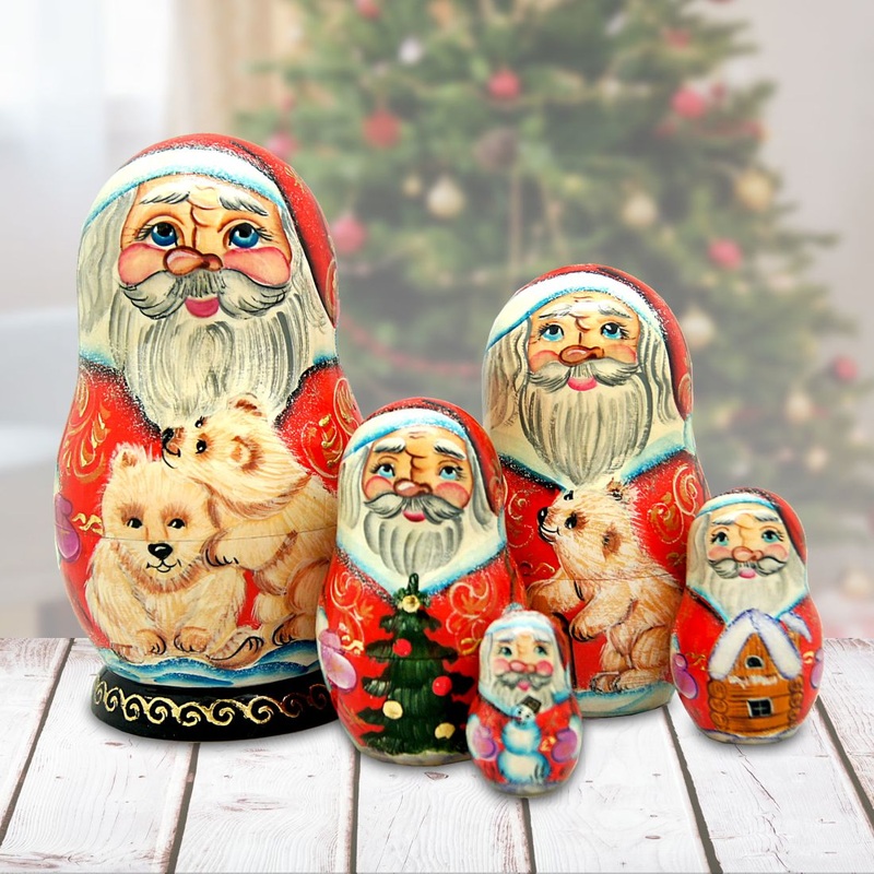Santa Polar Bear Friend Matreshka Nesting Hand-Painted Doll Set of 5 by G. DeBrekht – Wildlife Holiday Decor – 110051