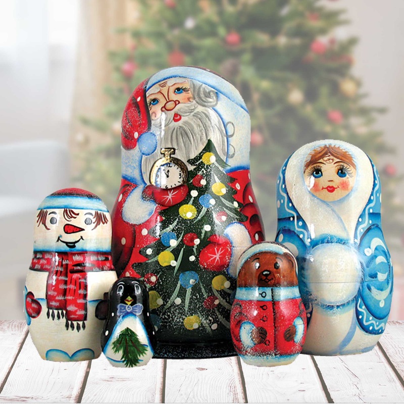 Santa Snowmaiden Family Nesting Hand-Painted Doll Set of 5 by G. DeBrekht – Christmas Santa Snowman Decor – 110060-2