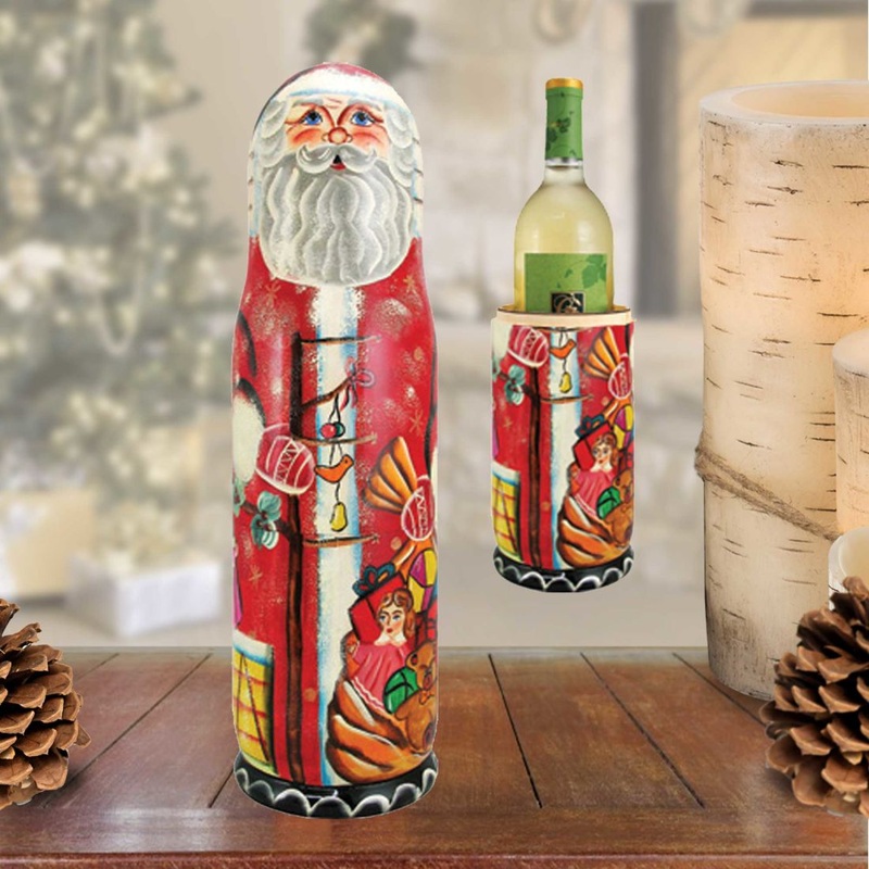 Santa Wine Hand-Painted Wooden Bottle Holder, Wine Box, Tall Gift Box by G. DeBrekht – Christmas: Santa Snowman Decor – 190503