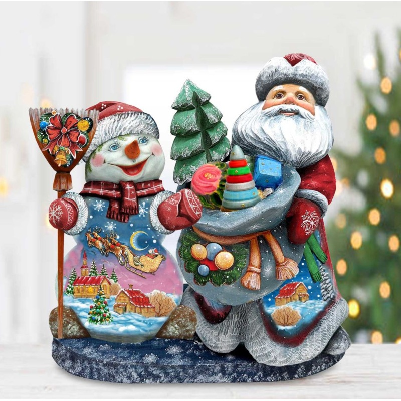 Santa with Snowman Hand-Painted WOODCARVED Masterpiece by G. DeBrekht – Christmas Santa Snowman Decor – 2000019 *** PRE-ORDER – Handmade Just for You! ***