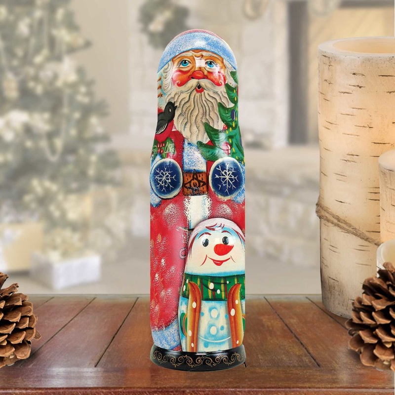 Santa with Snowman Hand-Painted Wooden Bottle Holder, Wine Box, Tall Gift Box by G. DeBrekht – Christmas: Santa Snowman Decor – 1905142