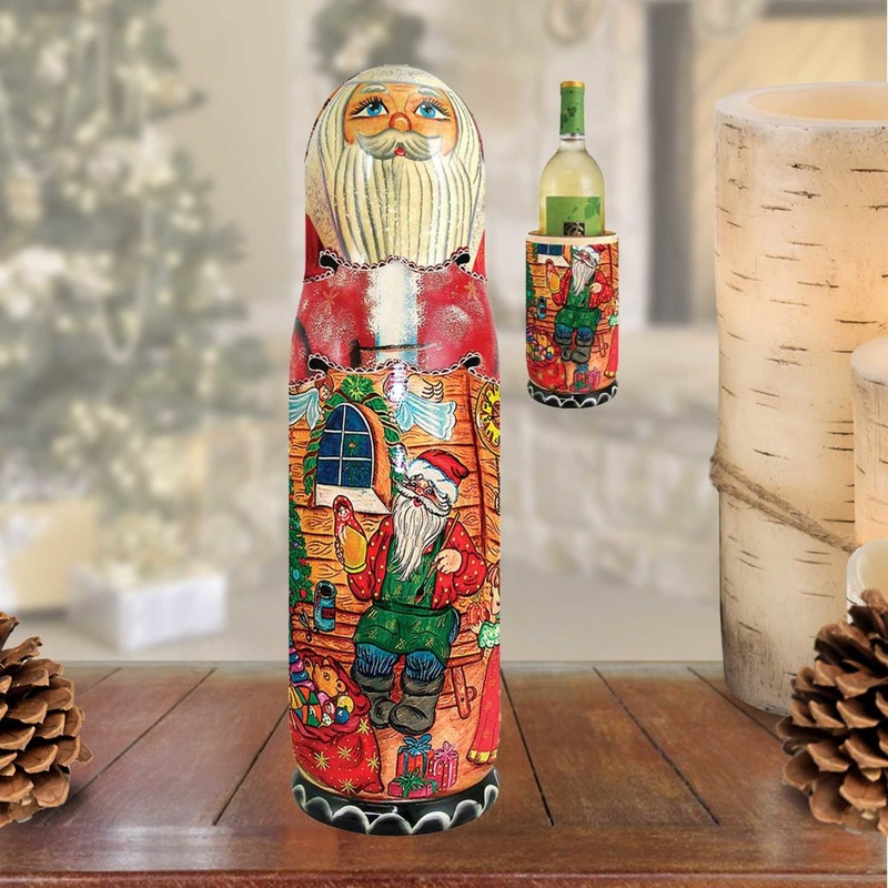 Santa Workshop Hand-Painted Wooden Bottle Holder, Wine Box, Tall Gift Box by G. DeBrekht – Christmas: Santa Snowman Decor – 190515