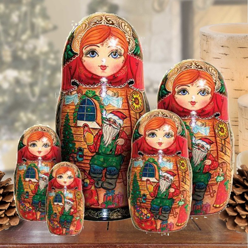 Santa Workshop Matreshka Nesting Hand-Painted Doll Set of 5 by G. DeBrekht – Christmas Decor – 1300992