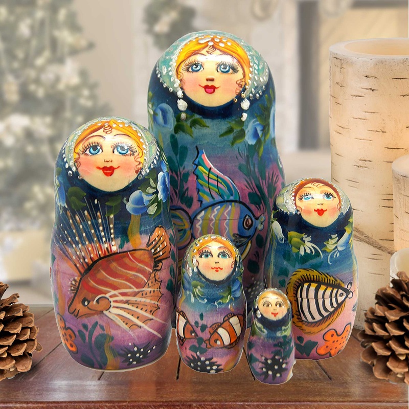 Sea Princess Matreshka Stacking Hand-Painted Dolls Set of 5 by G. DeBrekht – Coastal Holiday Decor – 130116