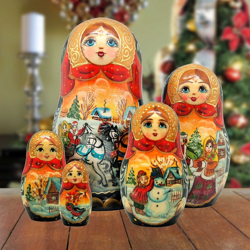 Sleigh Ride Winter Matreshka Stacking Hand-Painted Dolls Set of 5 by G. DeBrekht – Christmas Decor – 130091