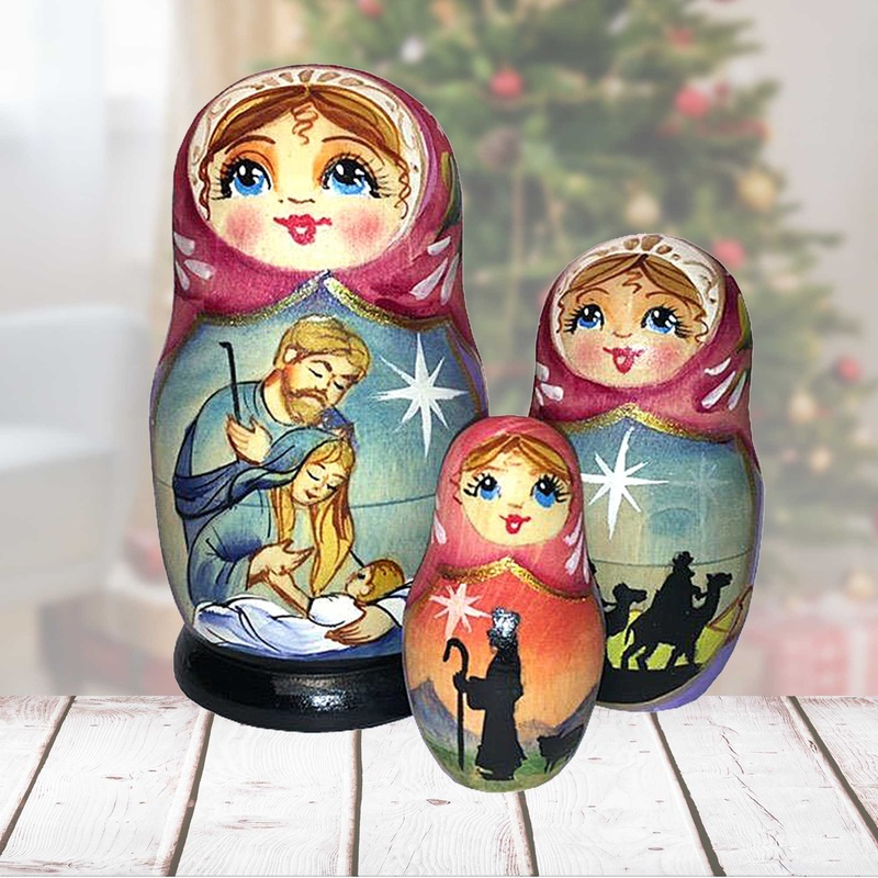Story of Nativity Matreshka Nesting Hand-Painted Doll Set of 3 by G. DeBrekht – Nativity Decor – 110531