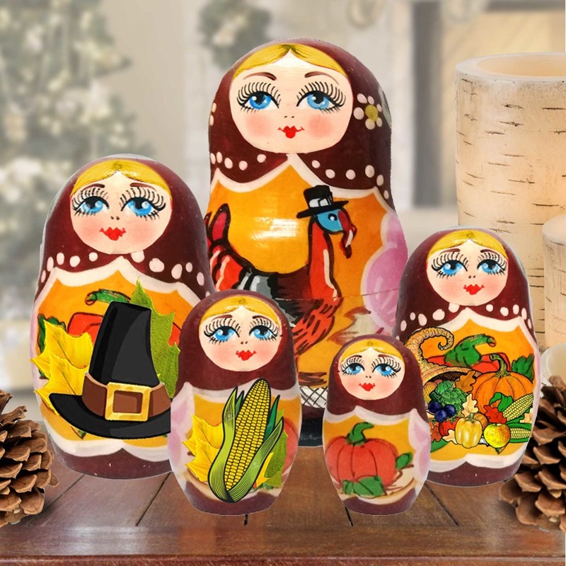 Thanksgiving Matreshka Nesting Hand-Painted Dolls Set of 5 by G. DeBrekht – Thanksgiving Halloween Decor – 130261