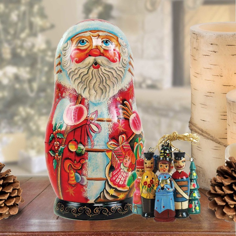 Toy Bag Santa Hand-Painted Doll with Set of Wooden Ornaments by G. DeBrekht – Christmas Santa Snowman Decor – 110712