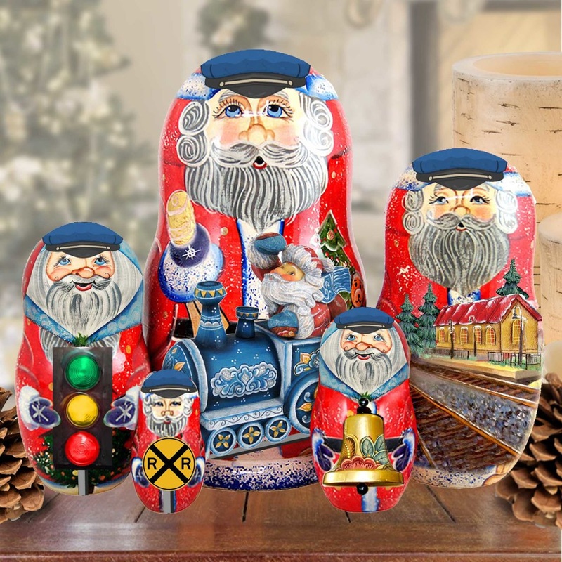 Train Ride Santa Matreshka Nesting Hand-Painted Doll Set of 5 by G. DeBrekht – Christmas Santa Snowman Dcor – 110085