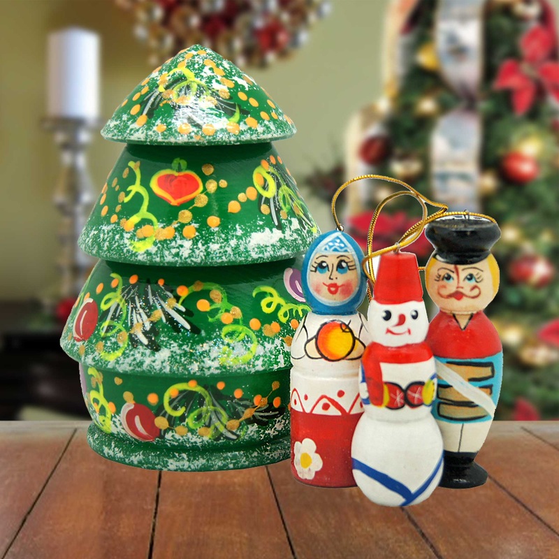 Tree Hand-Painted Doll Hand-Painted Doll with Set of Wooden Ornaments by G. DeBrekht – Christmas Decor – 110801-2