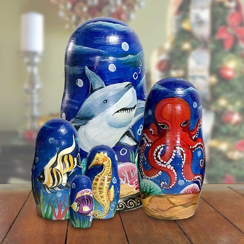 Under the Sea Matreshka Nesting Hand-Painted Doll Set of 5 by G. DeBrekht – Coastal Holiday Decor – 1300816