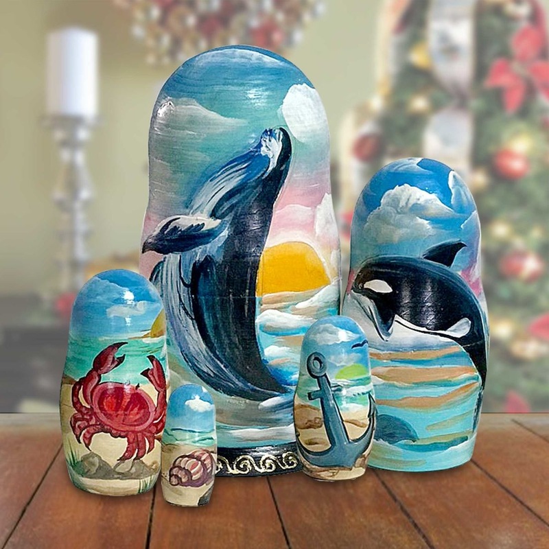 Whale Tail Matreshka Nesting Hand-Painted Doll Set of 5 by G. DeBrekht – Coastal Holiday Decor – 1300815