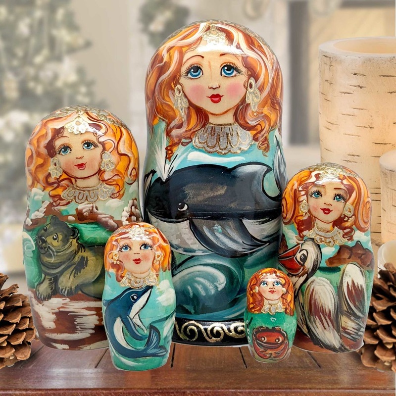 Whales 5 Hand-Painted Doll Coastal Matreshka Nesting Hand-Painted Dolls Set of 5 by G. DeBrekht – Coastal Holiday Decor – 1300812