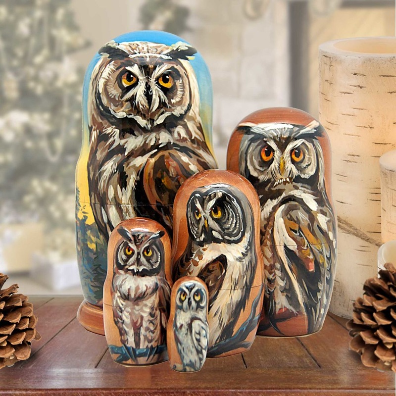 Wise Forest Owl Matreshka Nesting Set of 3 by G. DeBrekht – Wildlife Holiday Decor – 150012