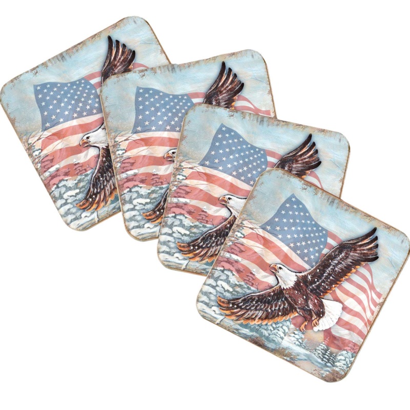 American Eagle Wooden Cork Coasters Gift Set of 4 by Nature Wonders – American Patriotic Decor – 95221C-S4