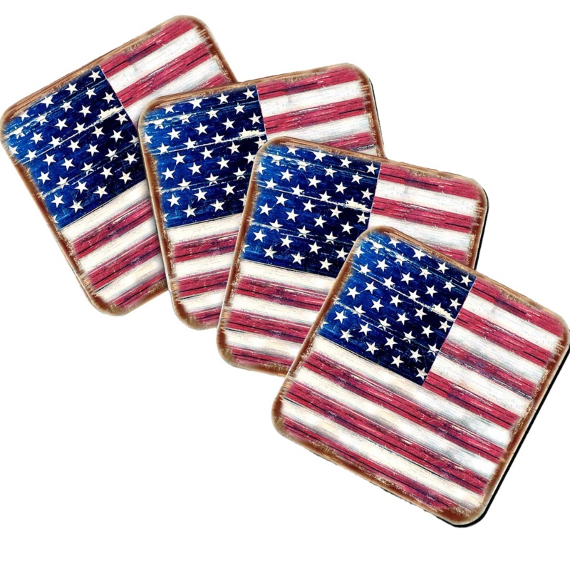 American Flag Wooden Cork Coasters Gift Set of 4 by Nature Wonders – 85099C-S4