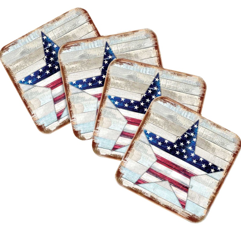 American Star Wooden Cork Coasters Gift Set of 4 by Nature Wonders – American Patriotic Decor – 8198917C-S4