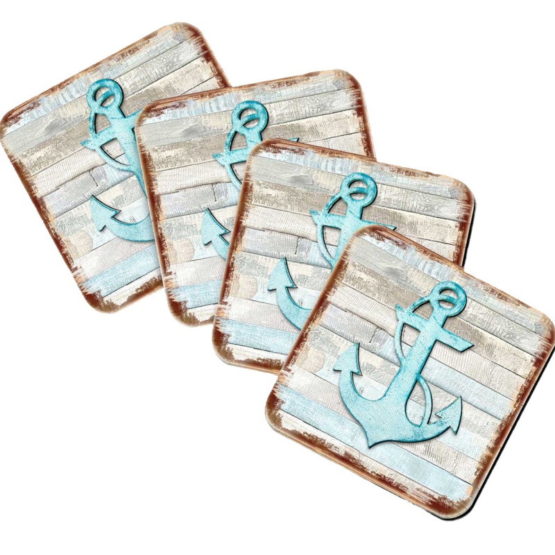 Anchor Coastal Wooden Cork Coasters Gift Set of 4 by Nature Wonders – Coastal Sea-Life Decor – 8198521-9C-S4