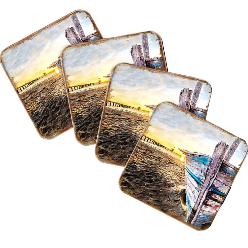 Beach Boat Coastal Wooden Cork Coasters Gift Set of 4 by Nature Wonders – Coastal Sea-Life Decor – 95271C-S4