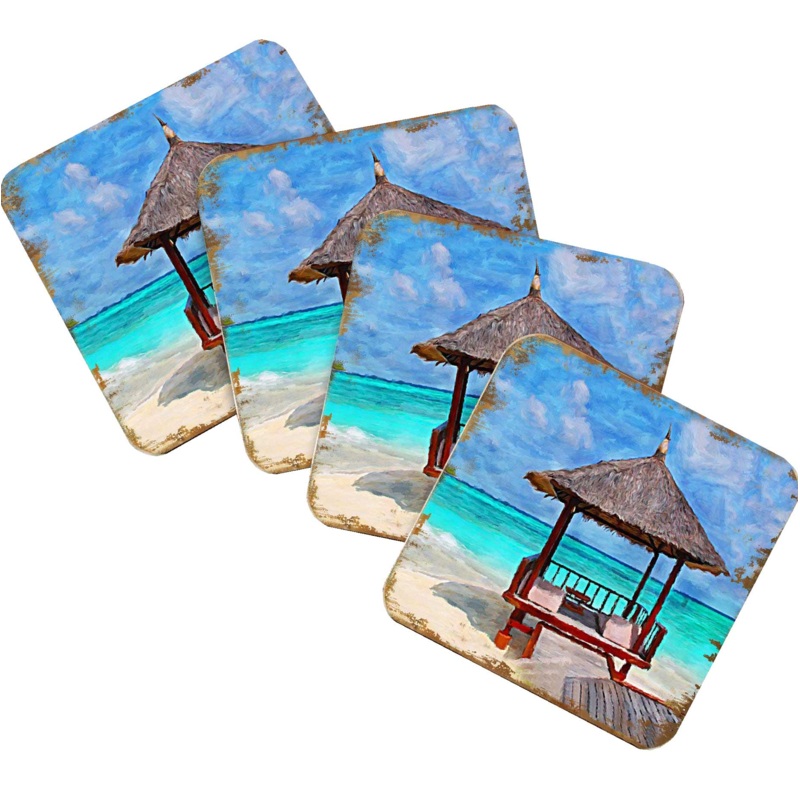 Beach Cabana Coastal Wooden Cork Coasters Gift Set of 4 by Nature Wonders – Coastal Sea-Life Decor – 95270C-S4