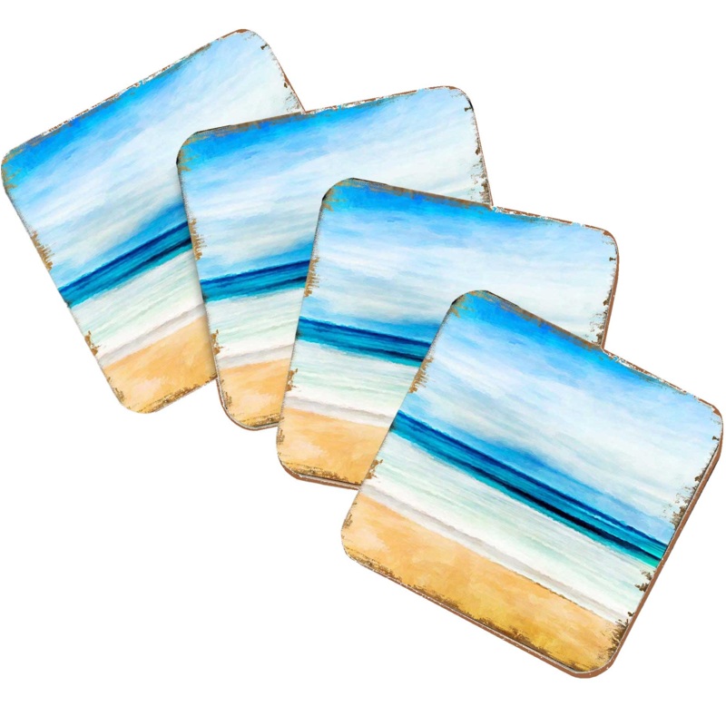 Beach Coastal Wooden Cork Coasters Gift Set of 4 by Nature Wonders – Coastal Sea-Life Decor – 95226C-S4