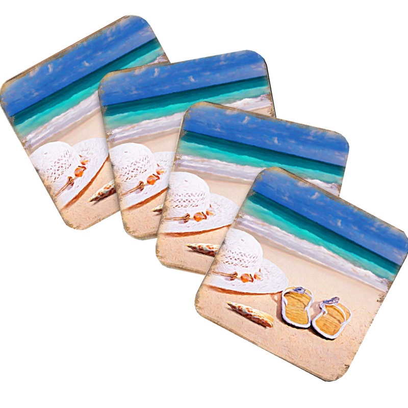 Beach Sandals and Hat Coastal Wooden Cork Coasters Gift Set of 4 by Nature Wonders – Coastal Sea-Life Decor – 95355C-S4