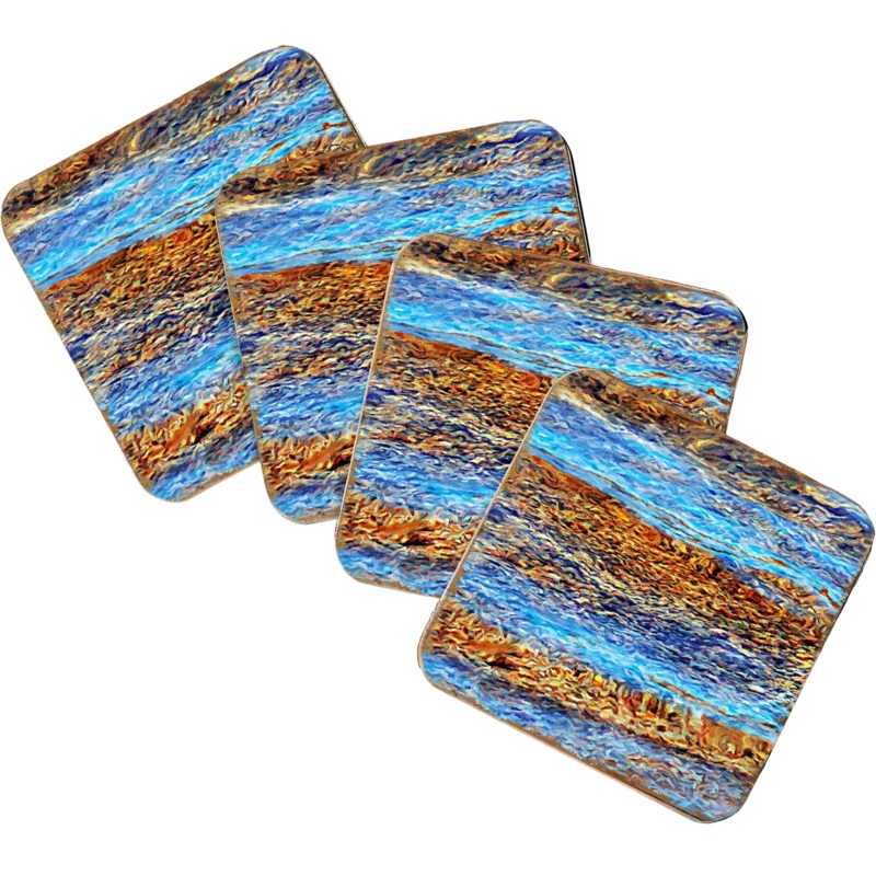 Beach Waves Coastal Wooden Cork Coasters Gift Set of 4 by Nature Wonders – Coastal Sea-Life Decor – 95354C-S4