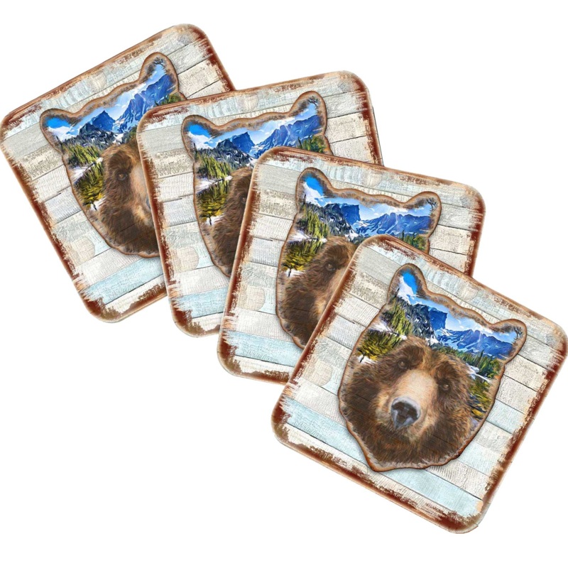 Bear Face Wooden Cork Coasters Gift Set of 4 by Nature Wonders – Nature Wildlife Decor  – 8198214-4C-S4