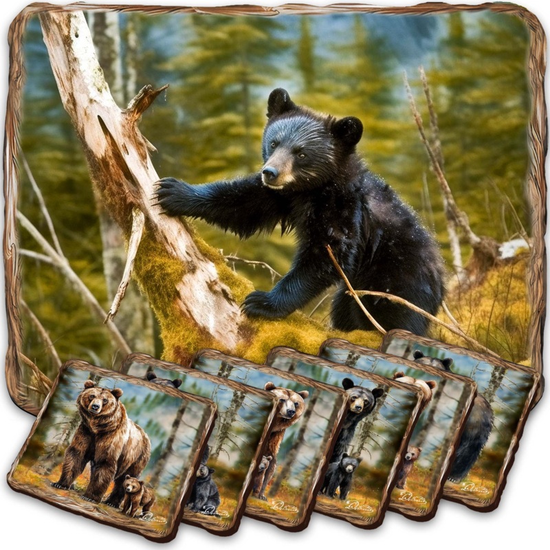 Bear Haven Wooden Cork Placemat and Coasters Gift Set of 7 by Nature Wonders Nature Wildlife Dcor  – 85409C-S7
