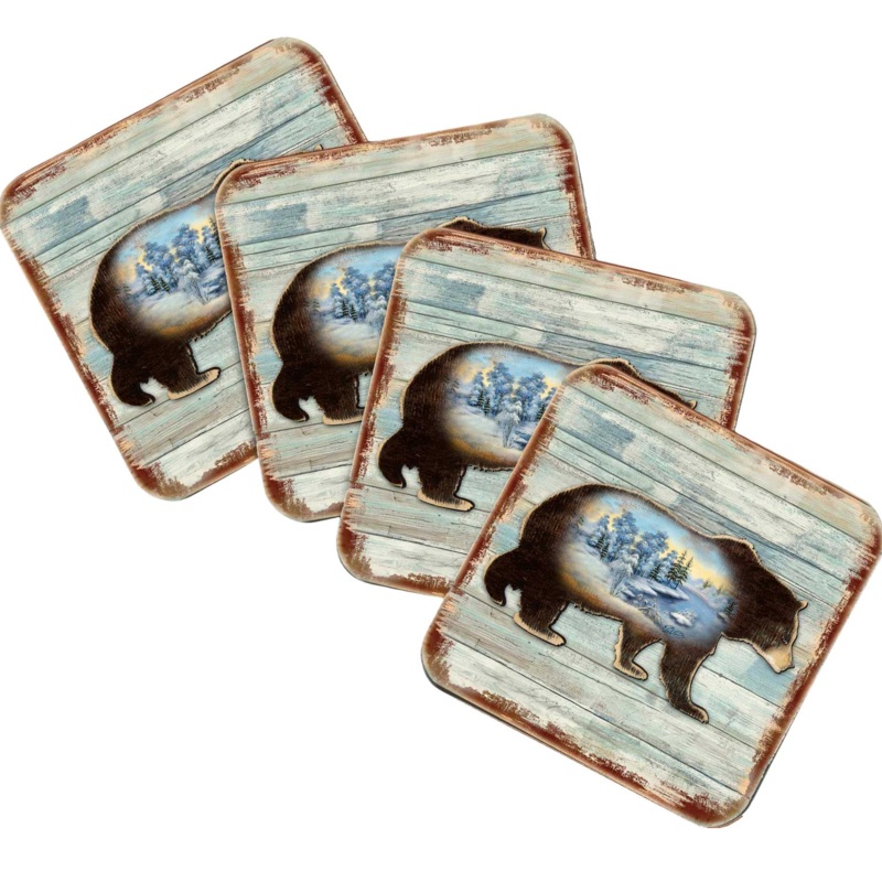 Bear Wooden Cork Coasters Gift Set of 4 by Nature Wonders – Nature Wildlife Decor  – 8198215-9C-S4