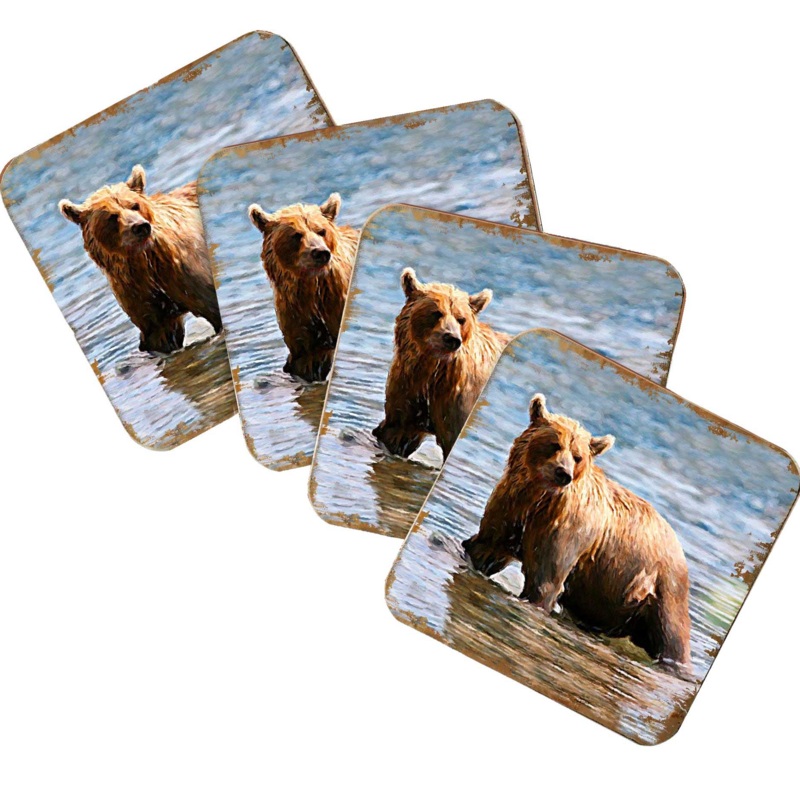 Bear Wooden Cork Coasters Gift Set of 4 by Nature Wonders – Nature Wildlife Decor  – 95297C-S4